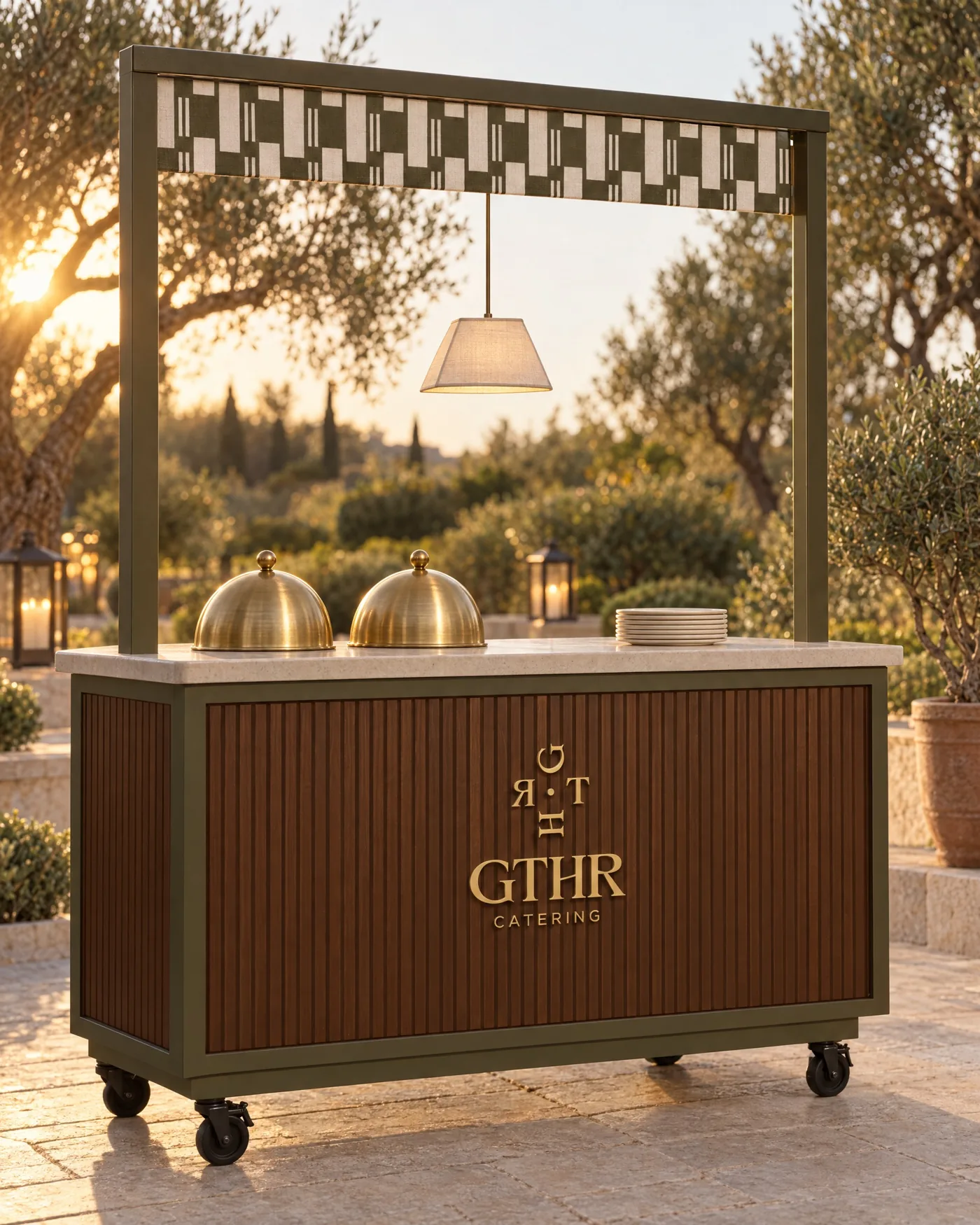 The cart on a garden terrace at golden hour