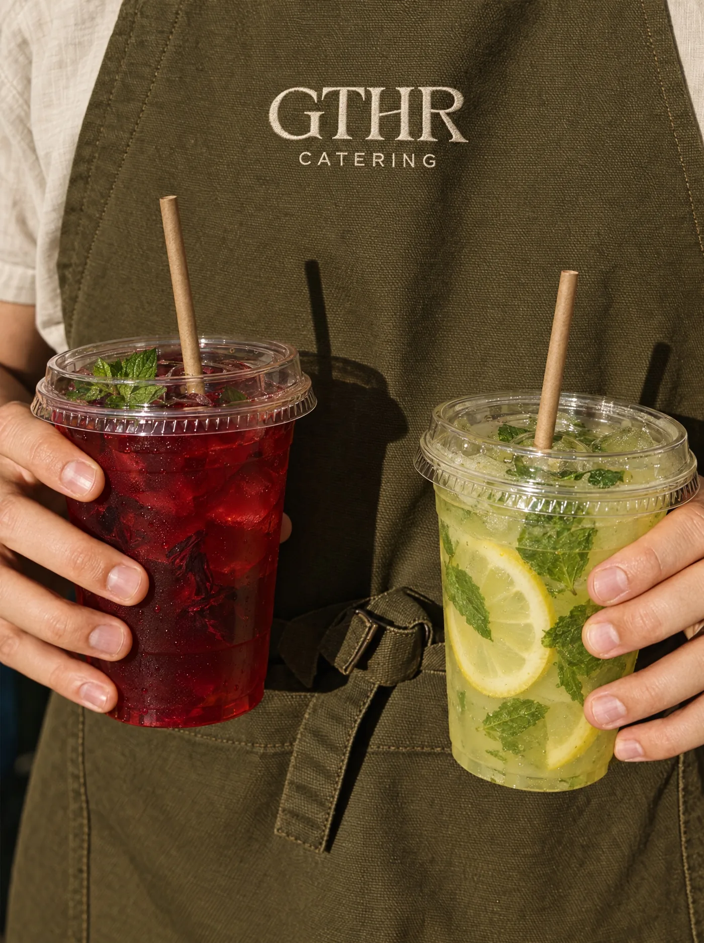 Olive canvas apron with the embroidered logo, holding karkade and lemon mint