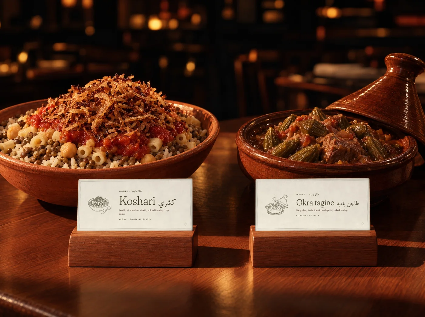 Two paper buffet tags in walnut blocks, in front of koshari and an okra tagine