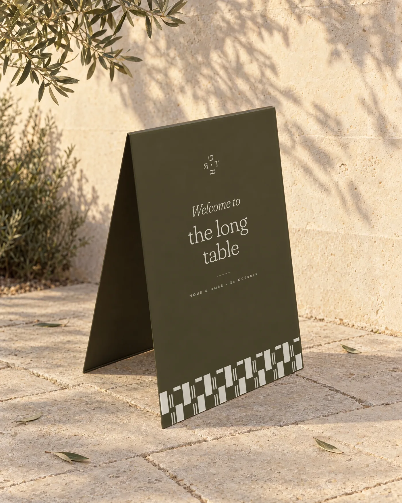 Olive A-frame sign with the stripe at the foot
