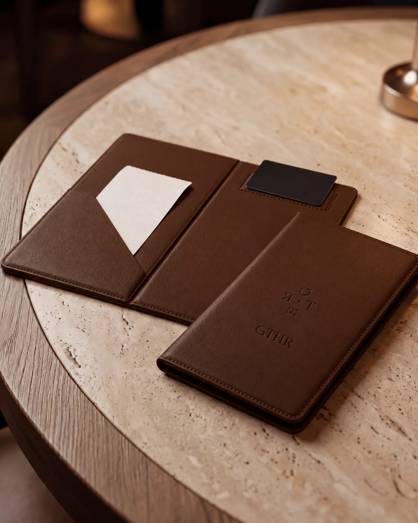 Walnut leather invoice folders with the debossed mark