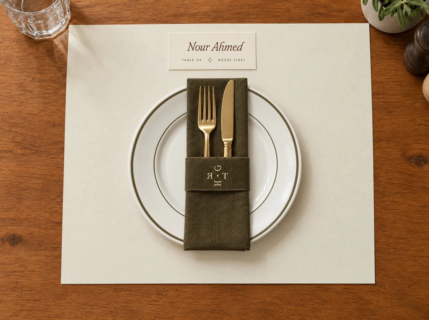 Place setting with an olive napkin and the place card