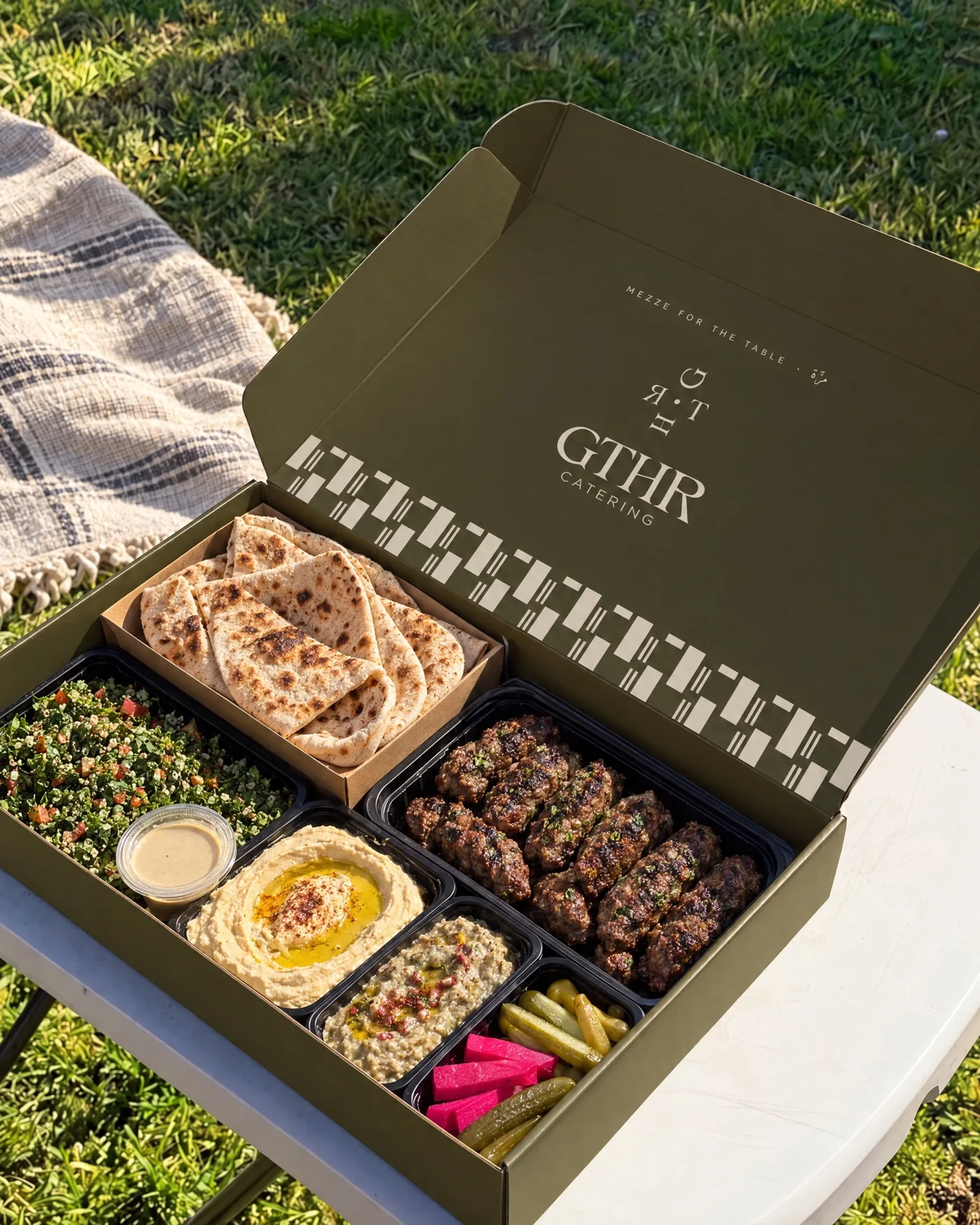 Olive mezze box open on a picnic table, the stripe along the lid