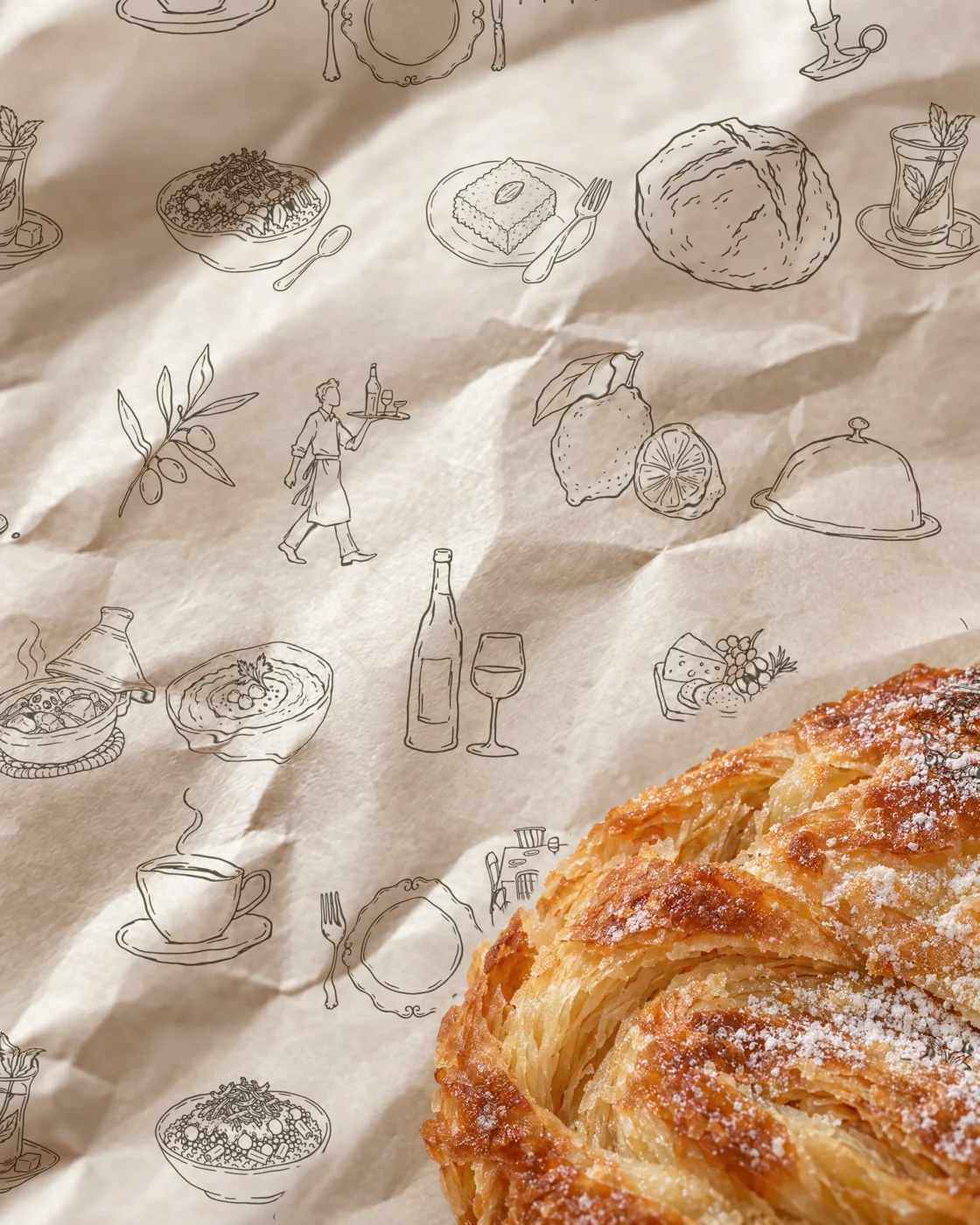 Greaseproof paper printed with the icon scatter, a feteer resting on it